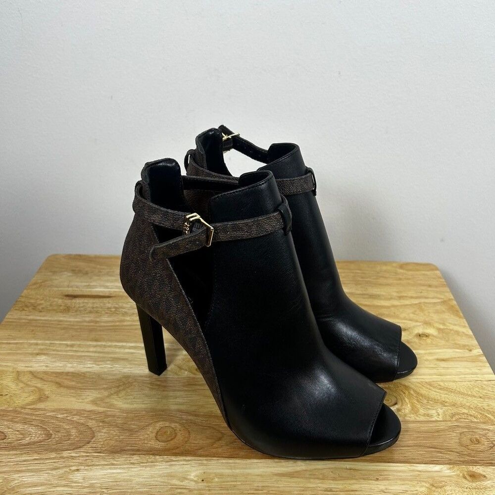 Michael Kors Lawson Open Toe Booties Womens 10 Black Leather Monogram Heel